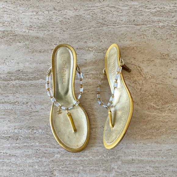 CHANEL Shoes - Vintage Chanel Beaded CC Charm Thong Sandal Kitten Heels